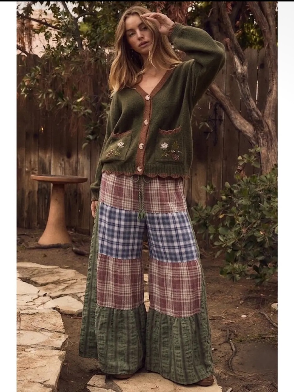 863. Washed olive green flowy plaid patchwork wide leg pant